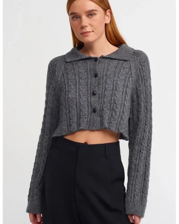 Cardigan,  scurt, gri antracit, tricotat cu nasturi, guler polo,