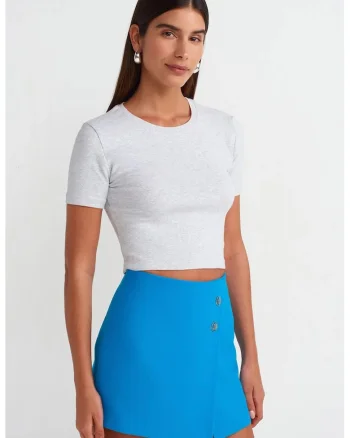Tricou crop,  slim fit, gri deschis, bumbac cu elastan