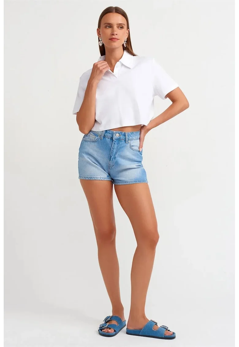 Pantaloni scurti,  Mom, talie inalta, denim albastru deschis-mediu, 100% bumbac