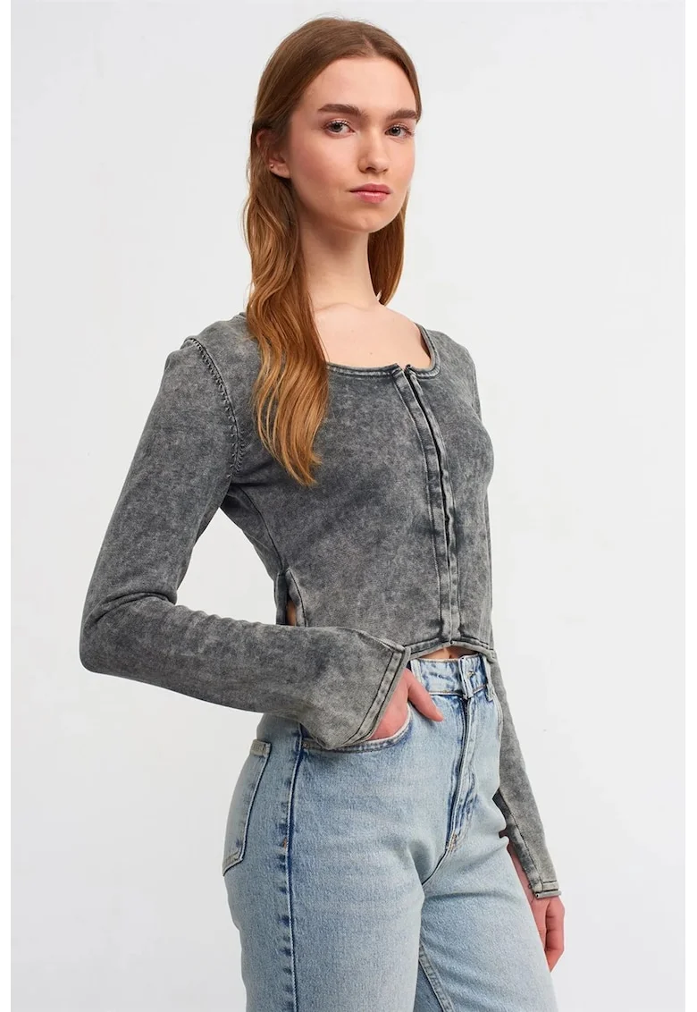 Cardigan scurt  gri antracit, bumbac, slim fit, maneci lungi, detalii cu nasturi,