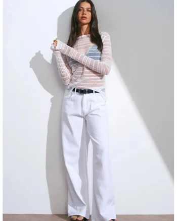 Blugi dama,  talie inalta, croiala larga, alb, denim