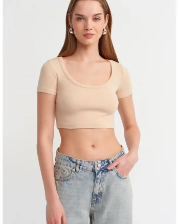 Tricou dama  scurt, slim fit, bej natural, bumbac-elastan