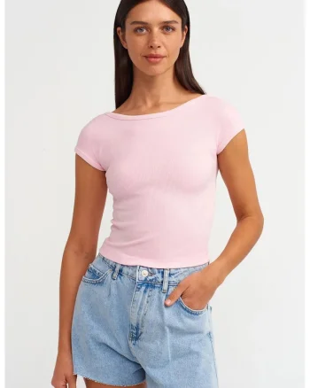 Tricou dama,  tricou crop, decolteu patrat, roz pudra, bumbac-elastan