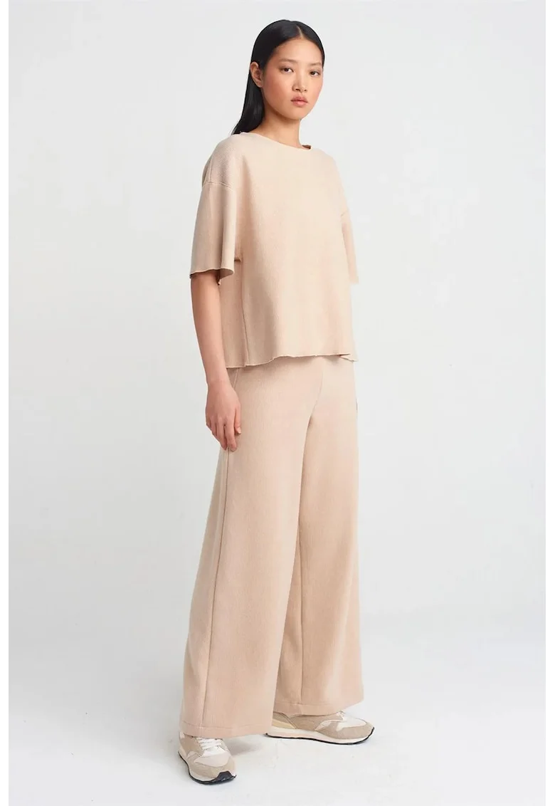 Pantaloni dama,  talie inalta, picior larg, bej natural, tricot mediu