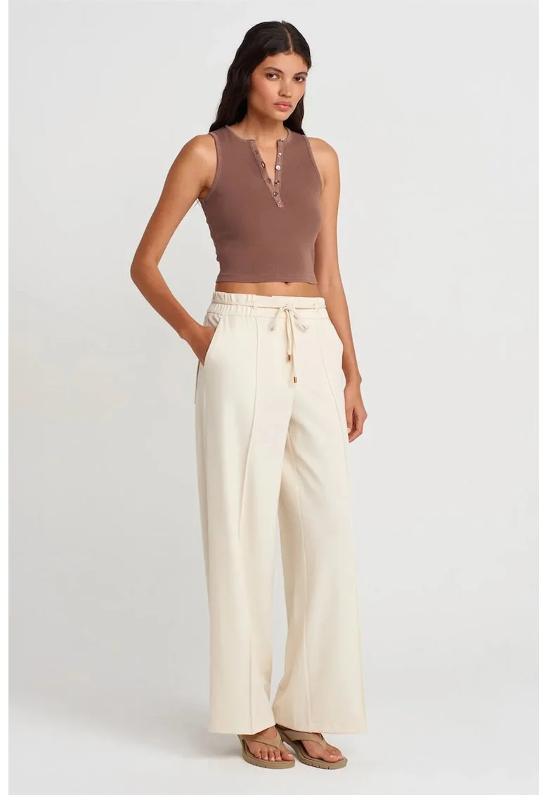 Pantaloni dama,  picior larg, crem natural, crep, cu snur in talie