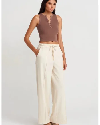 Pantaloni dama,  picior larg, crem natural, crep, cu snur in talie