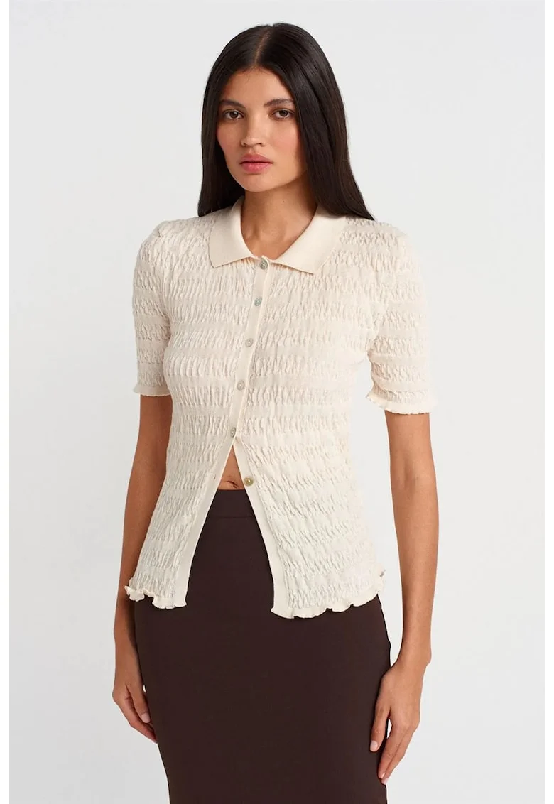 Cardigan Femei,  mulat, cu maneca scurta, Crem Natural, amestec de bumbac cu poliester,