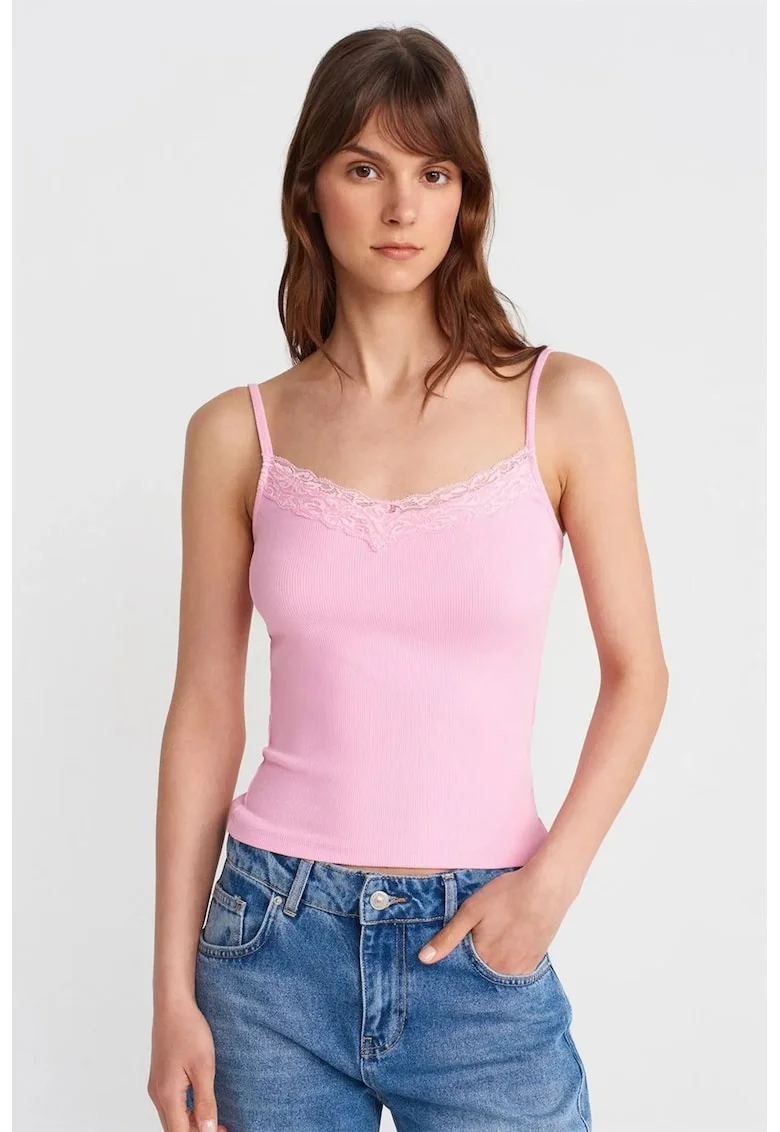 Bluza dama,  Cami din dantela tricotata, captusita, roz pudra, bumbac-elastan