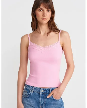 Bluza dama,  Cami din dantela tricotata, captusita, roz pudra, bumbac-elastan