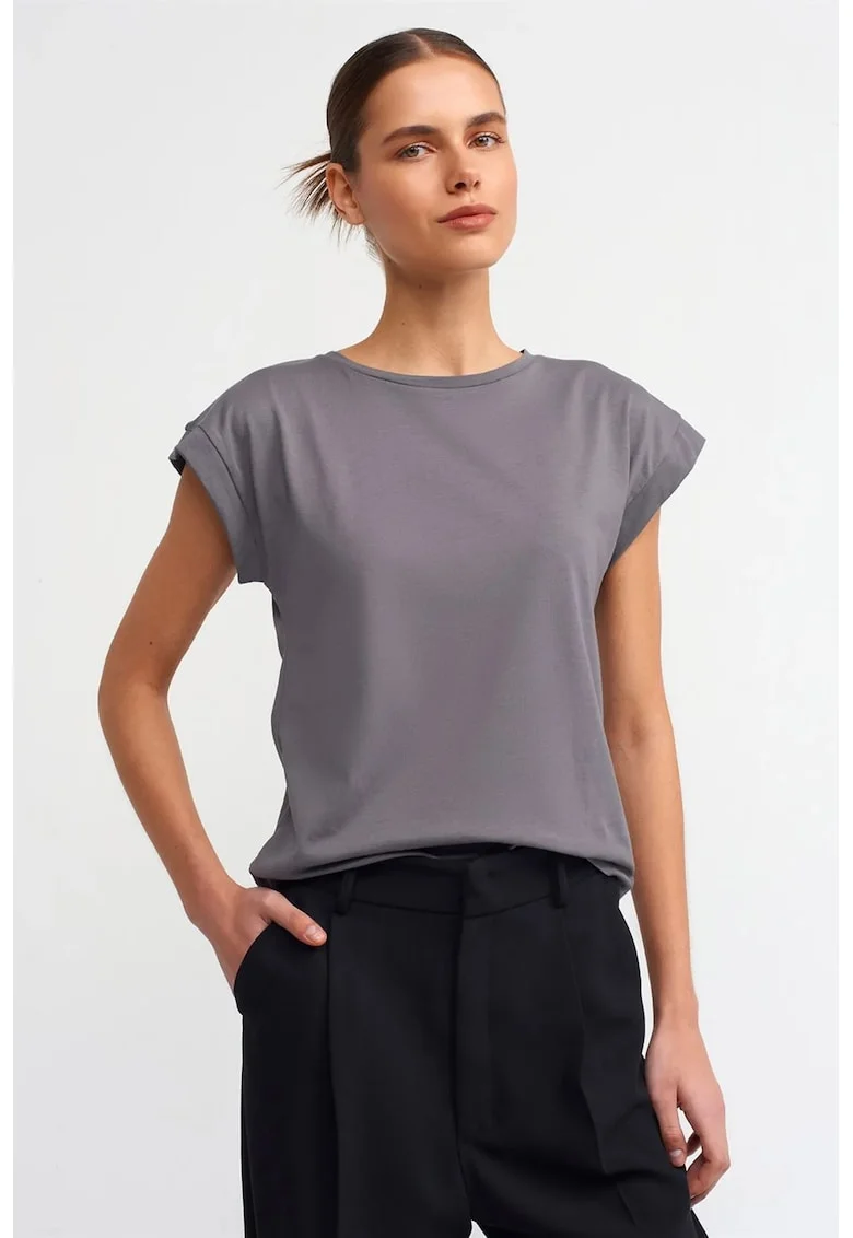 Tricou dama  gri ardezie, bumbac, croiala regular, maneca scurta