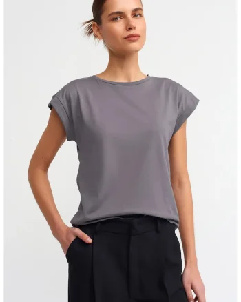 Tricou dama  gri ardezie, bumbac, croiala regular, maneca scurta