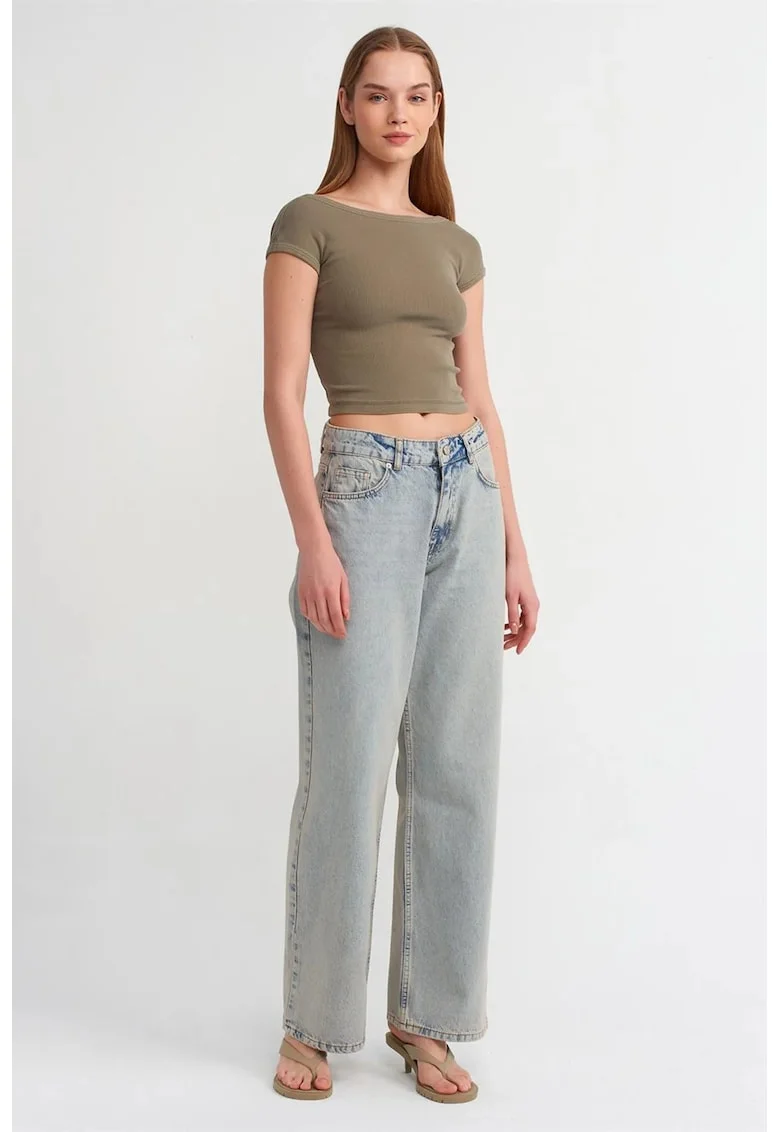 Blugi dama,  talie medie, croiala larga, denim albastru deschis, 100% bumbac
