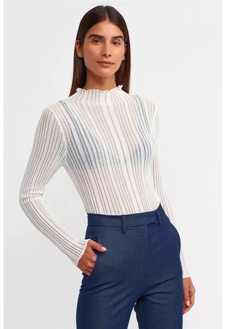 Pulover dama,  slim fit, alb, tricot subtire cu nervuri, One Size