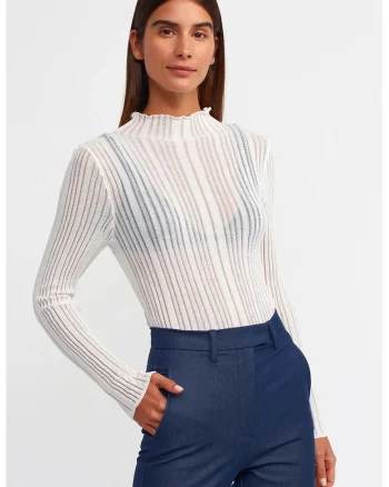 Pulover dama,  slim fit, alb, tricot subtire cu nervuri, One Size