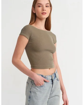 Tricouri dama,  tricou crop, decolteu patrat, decupaj, verde kaki, bumbac elastan