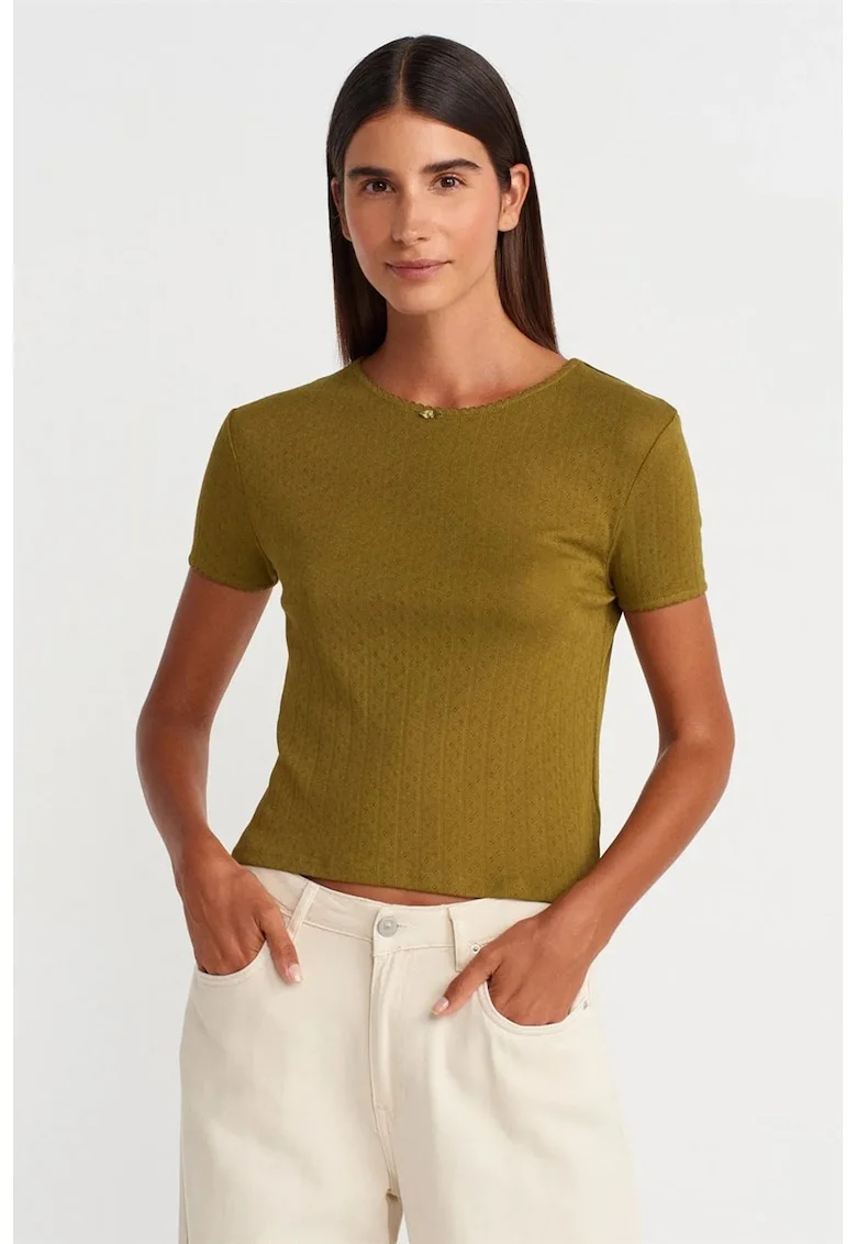 Tricou crop,  slim fit, verde kaki, bumbac/modal