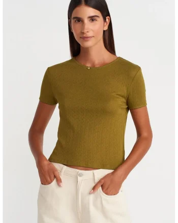 Tricou crop,  slim fit, verde kaki, bumbac/modal