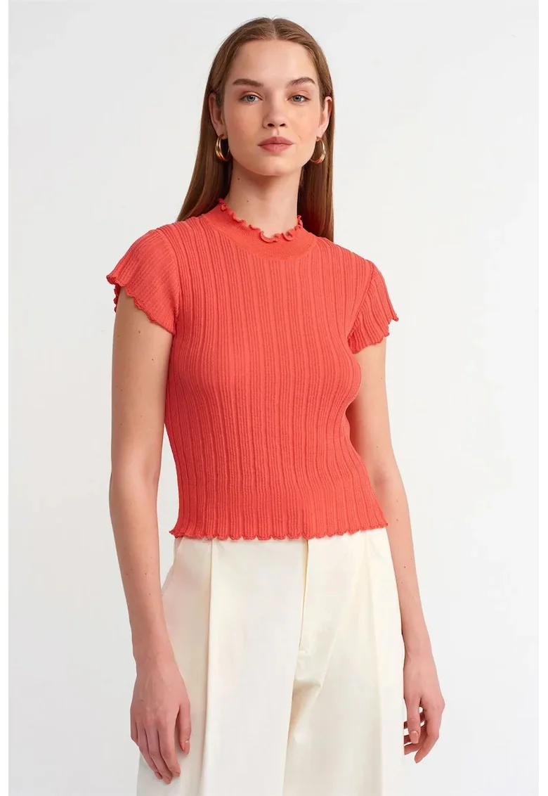 Tricou femei,  slim fit, guler semi-rulat, portocaliu deschis, tricot viscoza-poliamida,