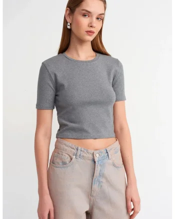 Tricou crop,  slim fit, gri, bumbac cu elastan
