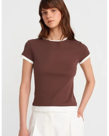 Tricou dama,  tricou din bumbac, guler rotund, croiala slim fit, Maro Cafea