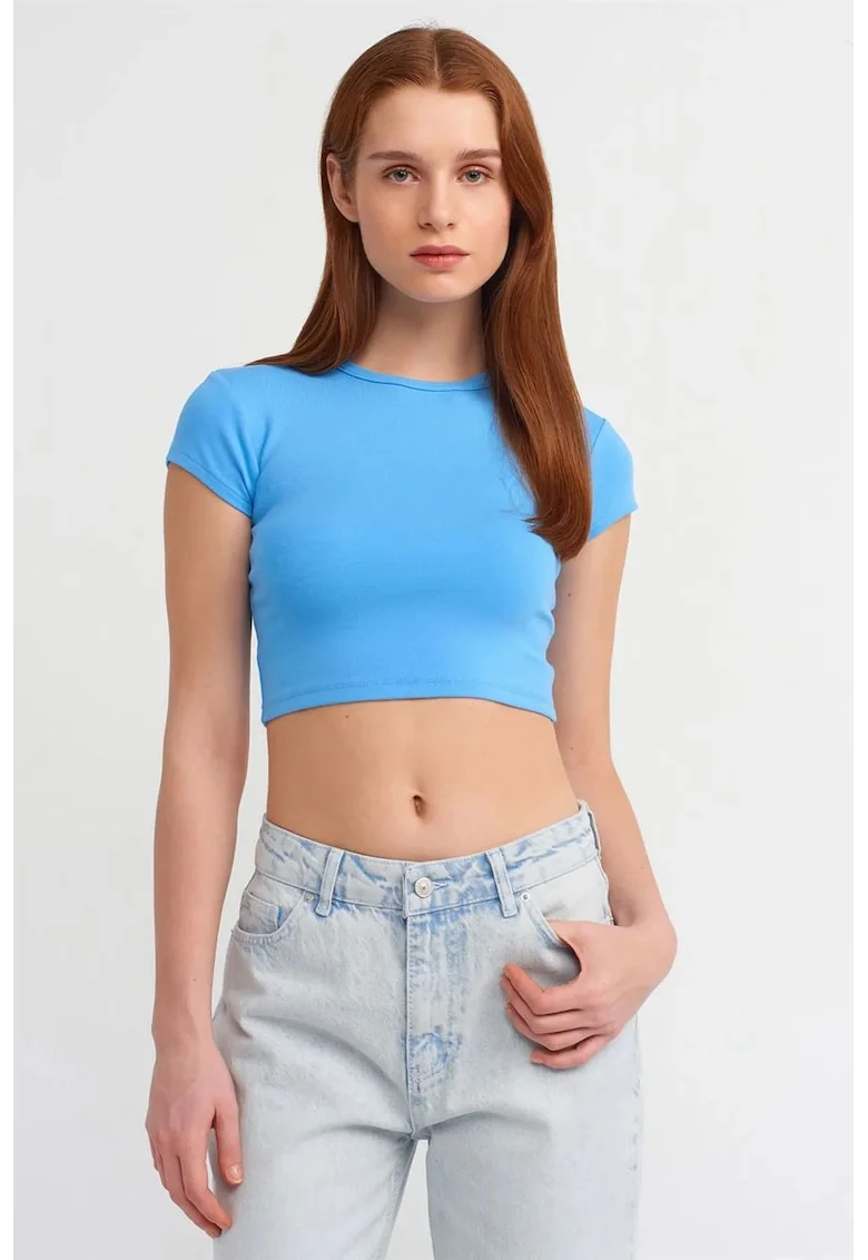 Tricou dama  crop slim-fit, albastru deschis, maneca scurta, elastic, 95% bumbac
