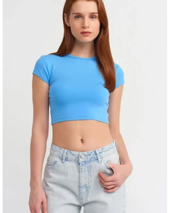 Tricou dama  crop slim-fit, albastru deschis, maneca scurta, elastic, 95% bumbac