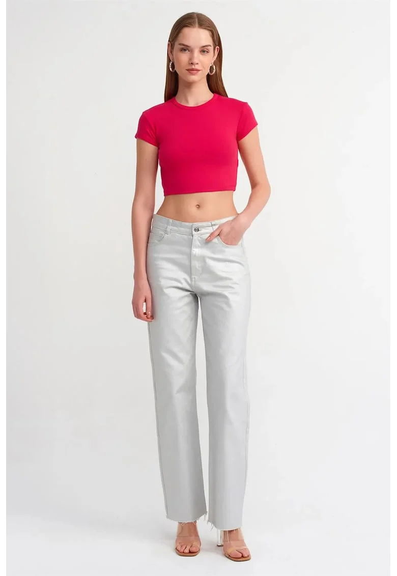 Tricou dama,  Tricou Crop Slim-Fit, roz aprins, elastic, 95% bumbac