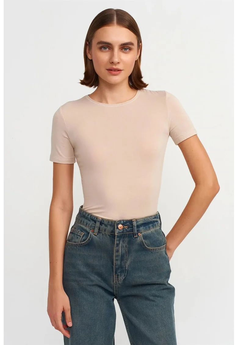 Tricou dama,  slim fit, elastic, bej natural, viscoza cu elastan