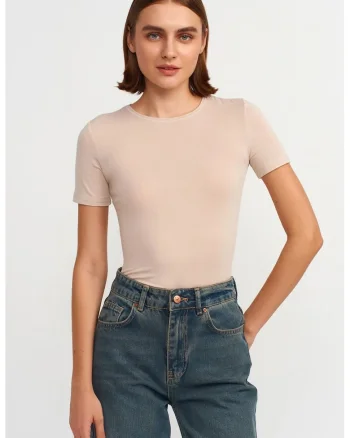 Tricou dama,  slim fit, elastic, bej natural, viscoza cu elastan