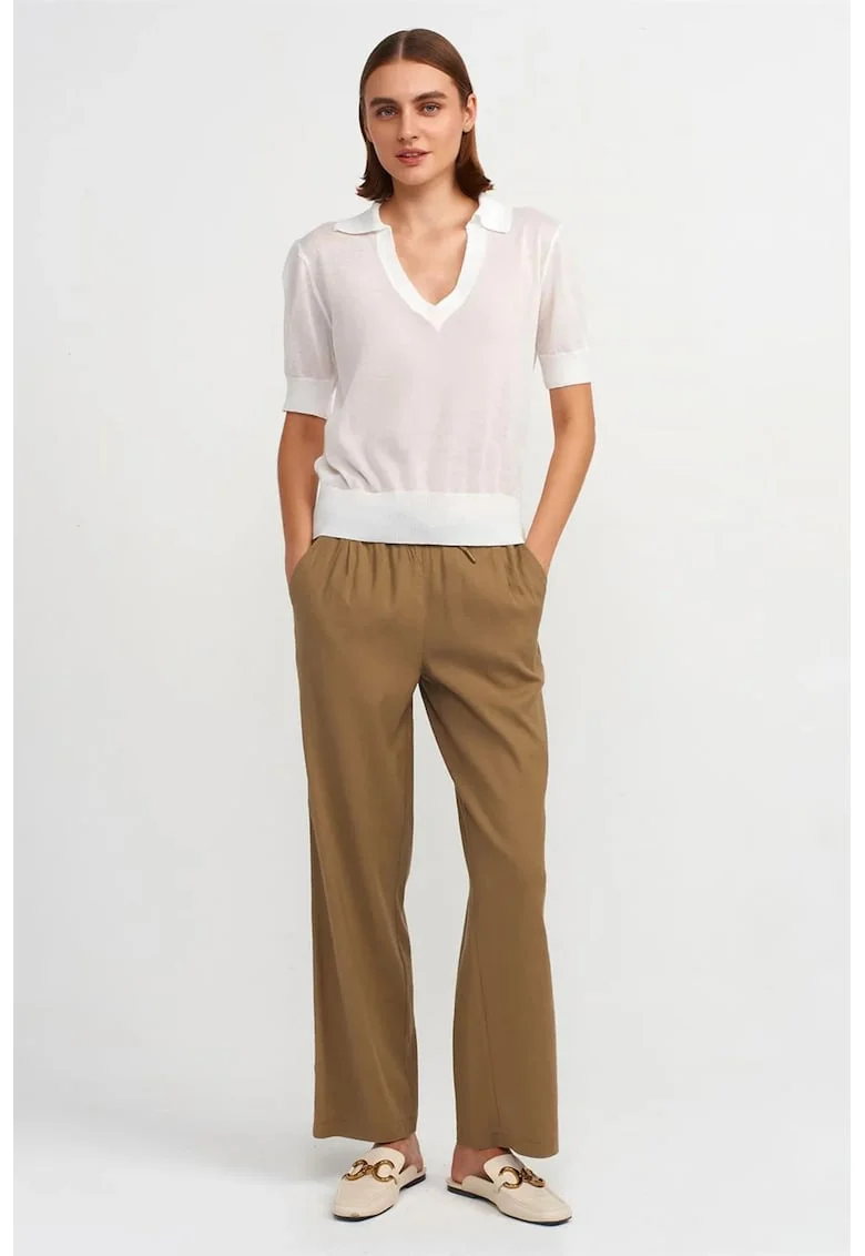 Pantaloni dama,  picior larg, snur in talie, verde kaki, Tencel