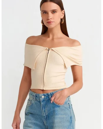 Tricou dama,  tricou crop cu umeri goi, crem natural, bumbac-elastan