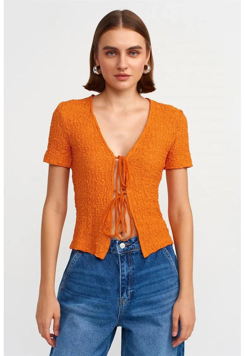 Bluza dama,  crop din dantela, portocaliu intens, detalii cu snur, maneca scurta, poliester-elastan,