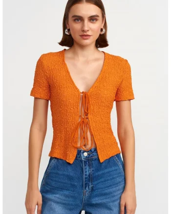 Bluza dama,  crop din dantela, portocaliu intens, detalii cu snur, maneca scurta, poliester-elastan,