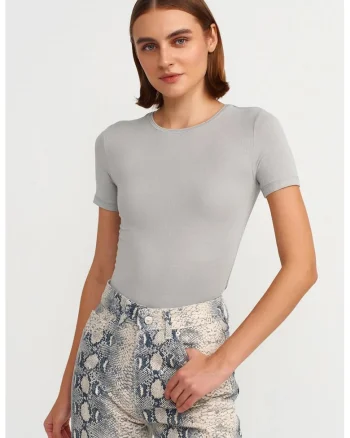 Tricou dama,  slim fit, gri deschis, elastic, 92% viscoza, 8% elastan