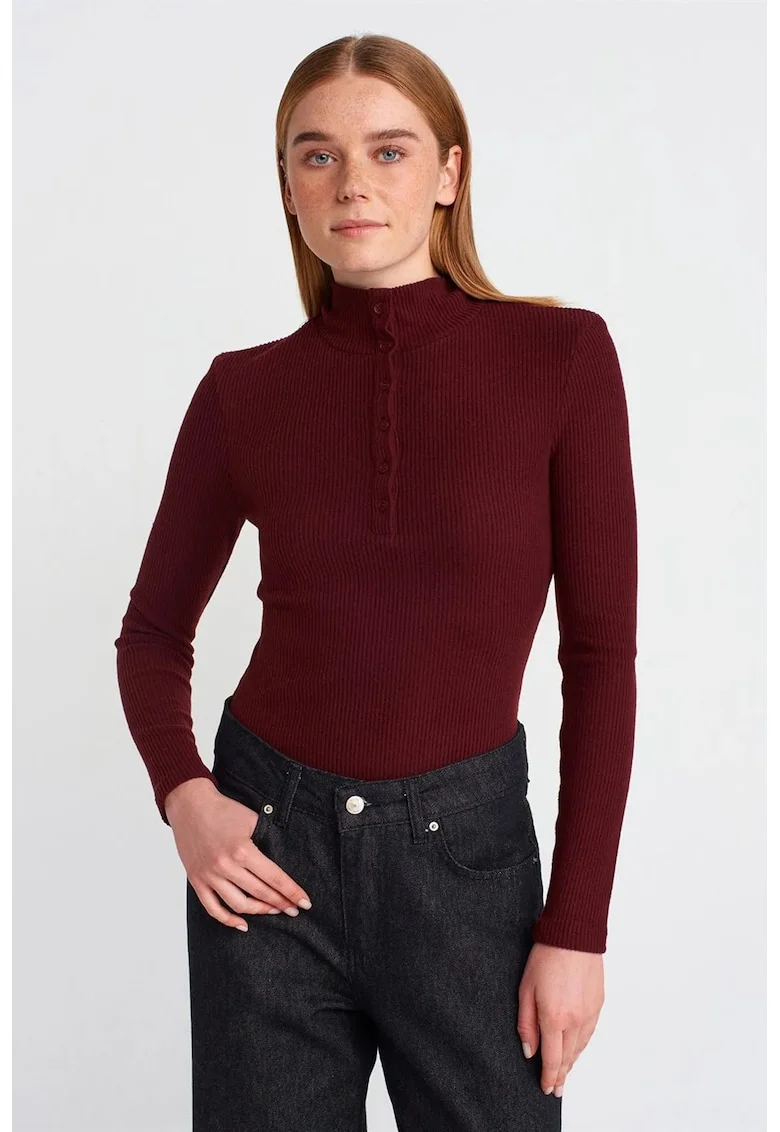 Bluza dama,  mulata cu guler pe gat, rosu burgundy, maneca lunga, poliester-viscoza-elastan