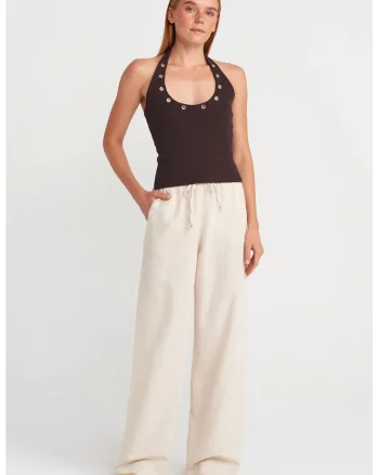 Pantaloni dama,  Wide-Leg, Oatmeal Natural, amestec de in