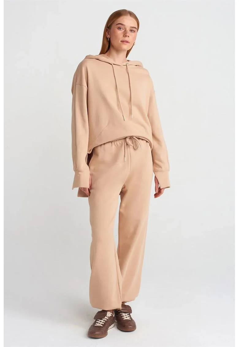 Pantaloni dama,  jogging, picior larg, bej natural, fleece
