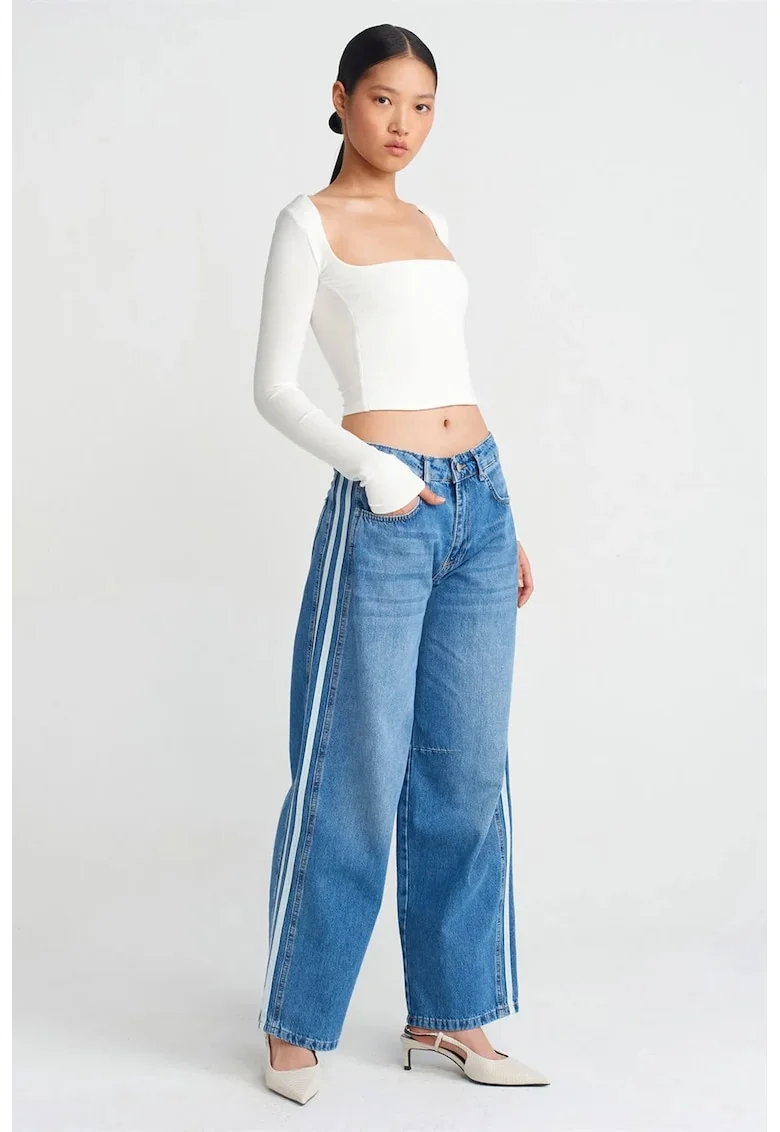 Blugi dama  talie inalta, croiala larga, denim albastru mediu, 100% bumbac
