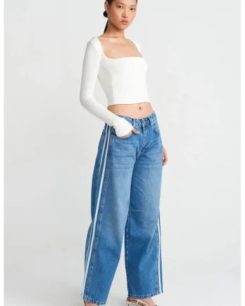 Blugi dama  talie inalta, croiala larga, denim albastru mediu, 100% bumbac