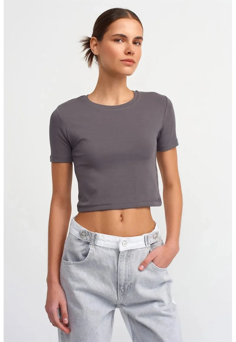 Tricou dama,  slim fit, gri antracit, bumbac cu elastan