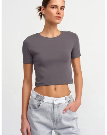Tricou dama,  slim fit, gri antracit, bumbac cu elastan