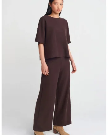 Pantaloni dama,  tricotati, talie inalta, picior lat, maro cafea, poliester-bumbac