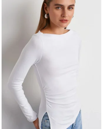 Bluza dama,  bluza cu maneca lunga, croiala slim-fit, alb, bumbac/modal/elastan