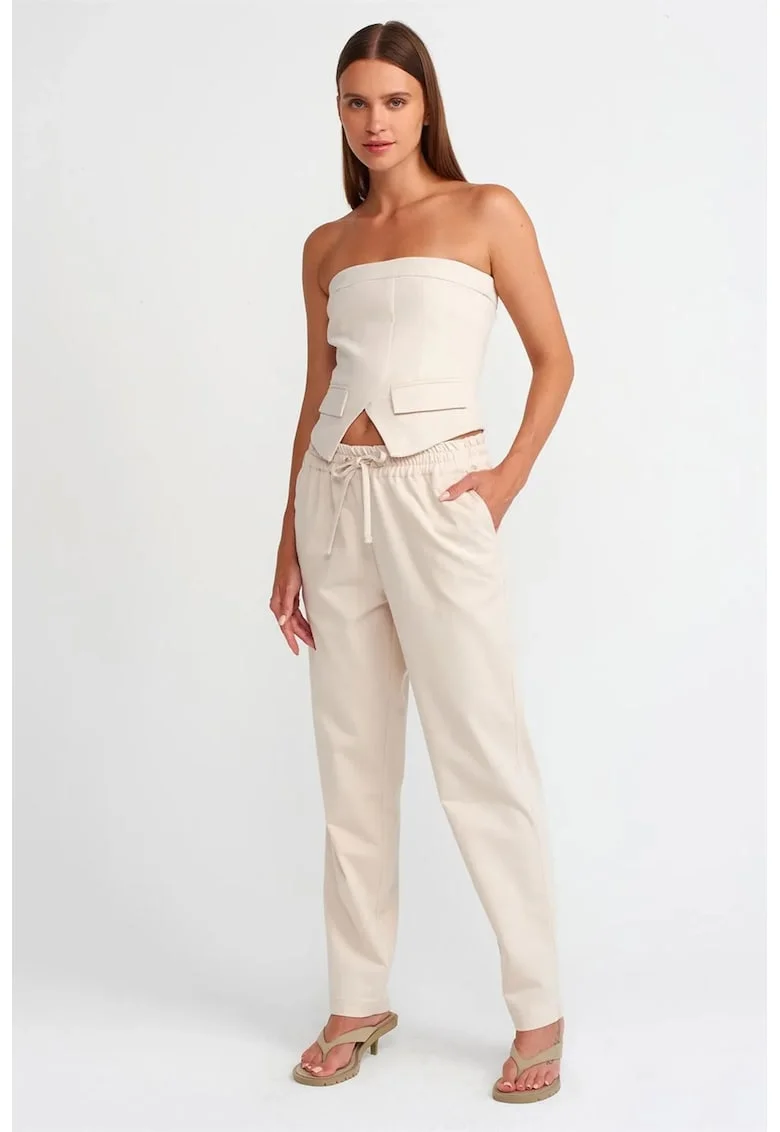 Pantaloni jogger dama  crem natural, amestec de in, cu buzunar