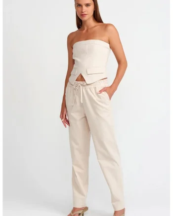 Pantaloni jogger dama  crem natural, amestec de in, cu buzunar