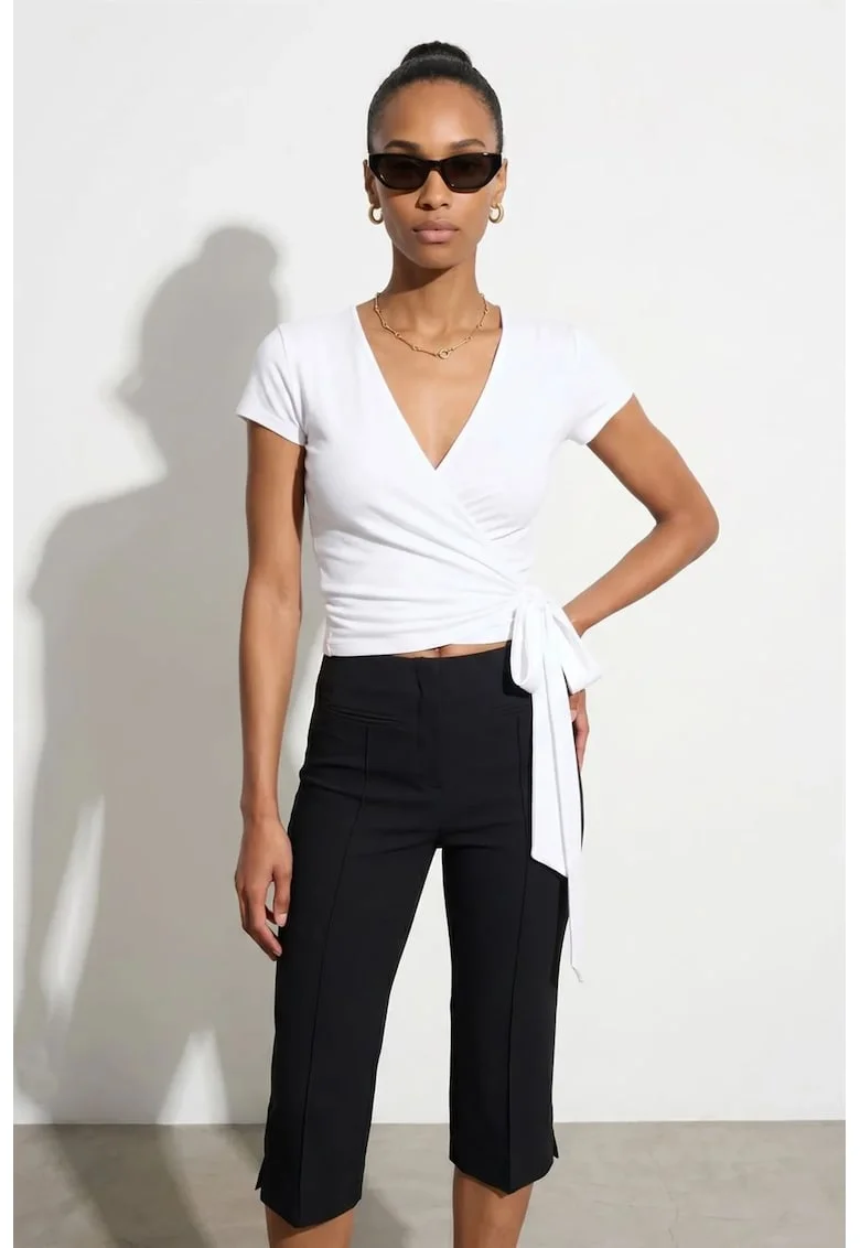 Bluza dama,  Bluza Crop Wrap, detalii cu snur, alb, 47% modal, 46% bumbac, 7% elastan