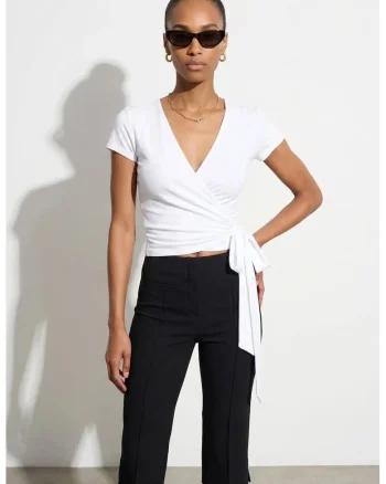 Bluza dama,  Bluza Crop Wrap, detalii cu snur, alb, 47% modal, 46% bumbac, 7% elastan