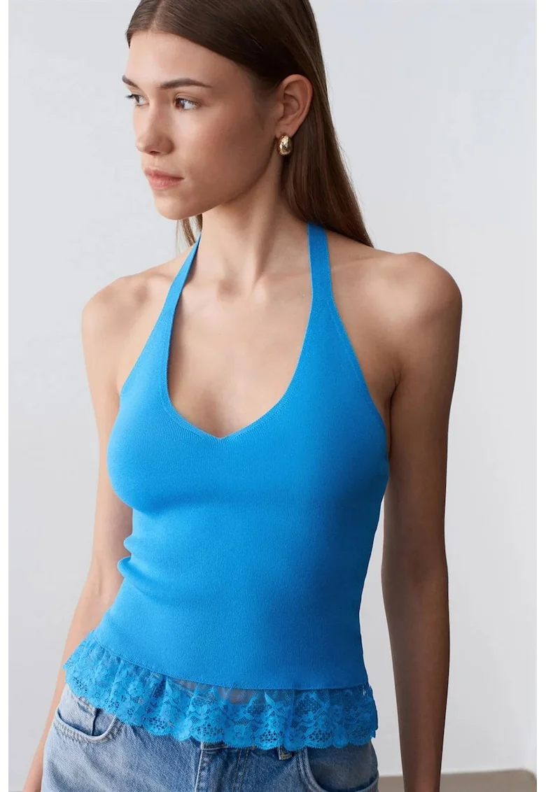 Bluze dama,  bluza fara maneci, guler halter, captusita, Albastru Cerulean,