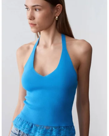 Bluze dama,  bluza fara maneci, guler halter, captusita, Albastru Cerulean,