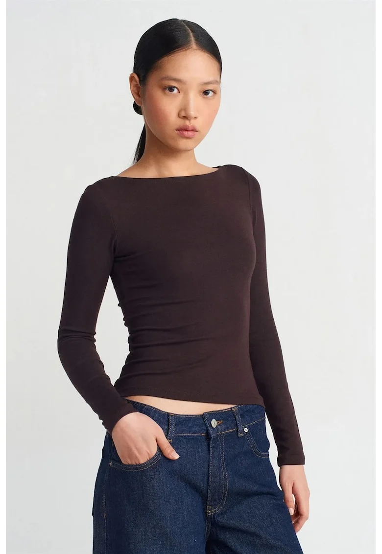 Bluza dama,  bluza cu guler barcuta, maneca lunga, maro cafea, bumbac/modal/elastan